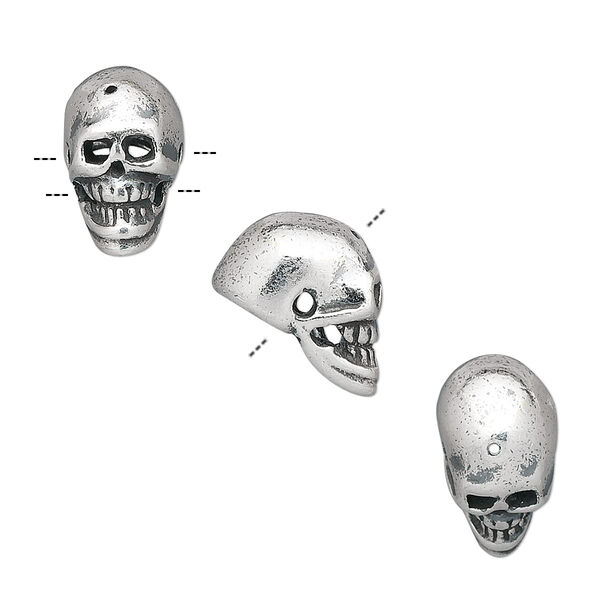 Bead, antiqued sterling silver, 13x7.5mm skull. Sold individually. image number 0
