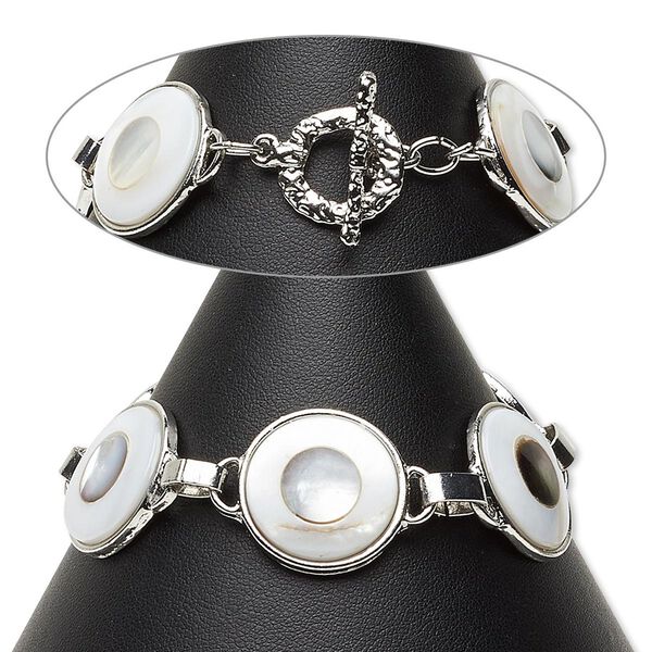 Bracelet, freshwater pearl shell (natural / bleached) and silver-plated "pewter" (zinc-based alloy), white, 22mm flat round, 7 inches with textured toggle clasp. Sold individually. image number 0