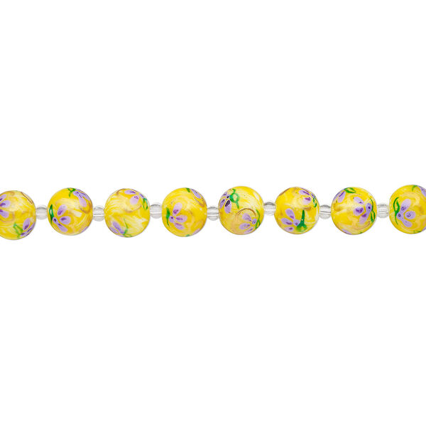 Bead, glass 1pkg8, multicolored, 14mm round with hand-painted flower. image number 1