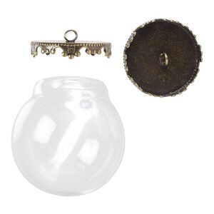 Focal, Keepsafe Keeper™, glass and antique brass-plated "pewter" (zinc-based alloy), clear, 31x30mm with 30x30mm dome and 21x4mm cap with fancy edge and closed loop. Sold per 2-piece set.