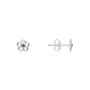 Earstud, Create Compliments®, sterling silver and crystal, Capri blue, 6mm flower. Sold per pair.
