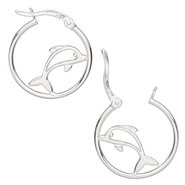 Earring, Create Compliments®, sterling silver, 22mm single-sided hoop with dolphin and latch-back closure. Sold per pair. image number 0