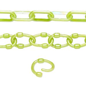 Chain 1pkg5, 7mm oval / 9mm removable oval link, ABS plastic / peridot green AB 16 inch unfinished