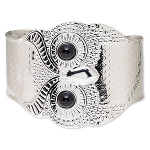 Bracelet, cuff, acrylic and imitation rhodium-plated steel, black, 52mm wide with owl design, adjustable. Sold individually.