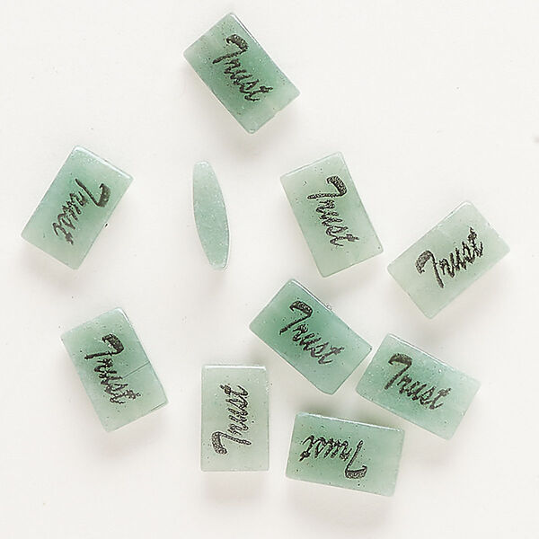 Bead 1pkg10 green aventurine, 12x8mm-13x9mm double-sided enamel flat rectangle with "Trust" B grade, coated black image number 0
