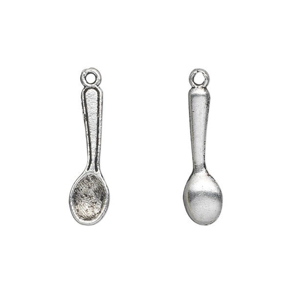 Charm, antique silver-plated "pewter" (zinc-based alloy), 21x6mm double-sided spoon. Sold per pkg of 50. image number 0