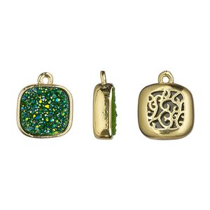 Drop, Druzylite™, "druzy" (resin) and gold-finished brass, green, 11.5mm two-sided square with open filigree back. Sold per pkg of 4.