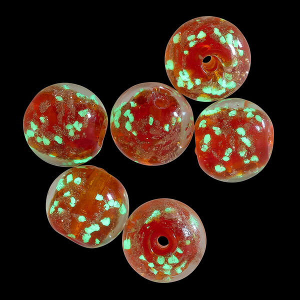 Bead, lampworked glass, clear / red / glow-in-the-dark / gold, 12mm round. Sold per pkg of 6. image number 1