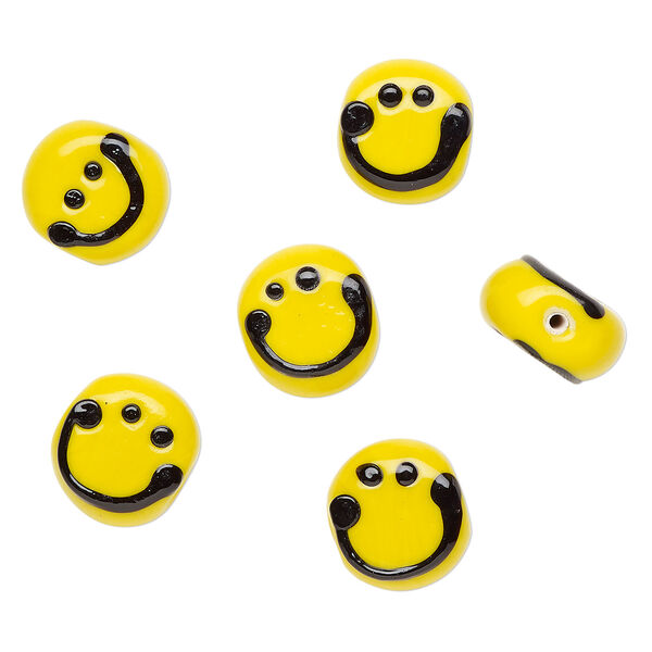 Bead, lampworked glass 1pkg6, opaque yellow / black, 16mm flat round with smiley face. image number 0