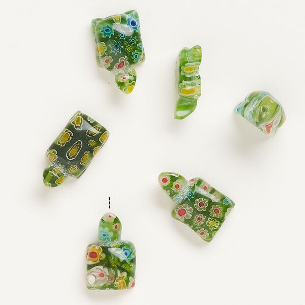 Bead, millefiori glass, translucent green and multicolored, 19x12mm-23x14mm half-drilled turtle. Sold per pkg of 6. image number 0