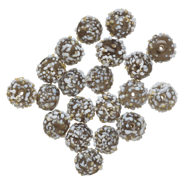 Bead, lampworked glass, translucent grey and white, 10mm bumpy round. Sold per pkg of 20. image number 0