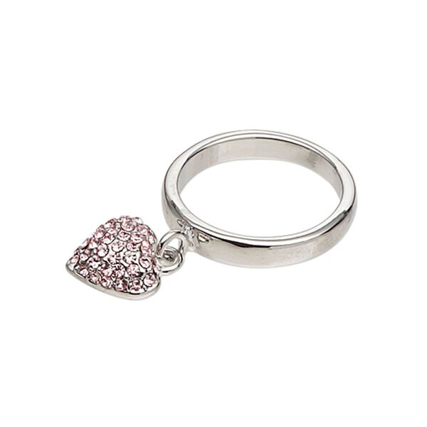 Ring, imitation rhodium-finished "pewter" (zinc-based alloy) / freshwater pearl shell (bleached) / glass rhinestone, white and pink, 10x10mm heart dangle, size 6. Sold individually. image number 0
