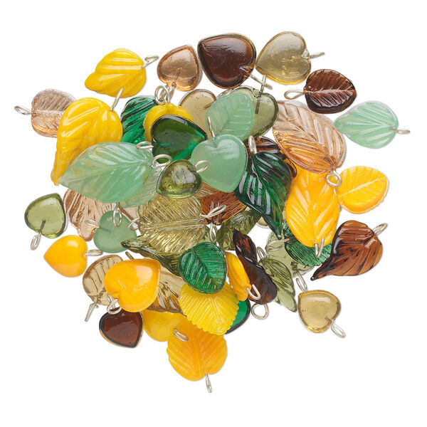 Drop mix, glass and brass, opaque to transparent green / yellow / brown, 11mm-22x15mm double-sided leaf and heart. Sold per 50-gram pkg, approximately 50-55 drops. image number 0