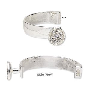 Bracelet component 1pkg1, glass rhinestone and silver-finished "pewter" (zinc-based alloy), clear, 10mm wide with 15mm round, 42x26mm inside diameter with 5.5x2mm glue-in end.
