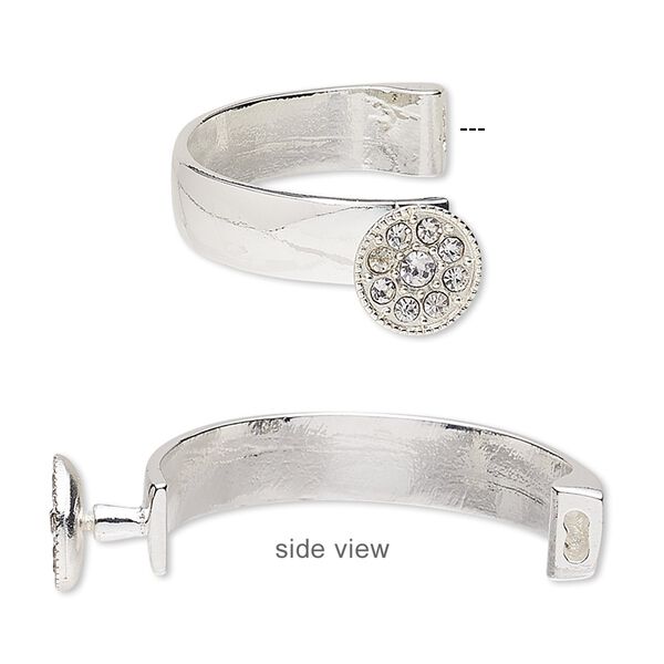 Bracelet component 1pkg1, glass rhinestone and silver-finished "pewter" (zinc-based alloy), clear, 10mm wide with 15mm round, 42x26mm inside diameter with 5.5x2mm glue-in end. image number 0