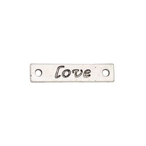 Link, antique silver-finished "pewter" (zinc-based alloy), 25.5x6mm single-sided flat rectangle with "love." Sold per pkg of 2.