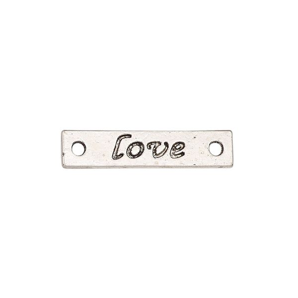 Link, antique silver-finished "pewter" (zinc-based alloy), 25.5x6mm single-sided flat rectangle with "love." Sold per pkg of 2. image number 0