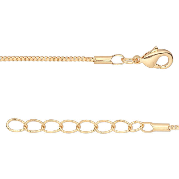 Chain, gold-finished brass, 1mm Venetian box, 18 inches with 1-1/4 inch extender chain and lobster claw clasp. Sold per pkg of 4. image number 0