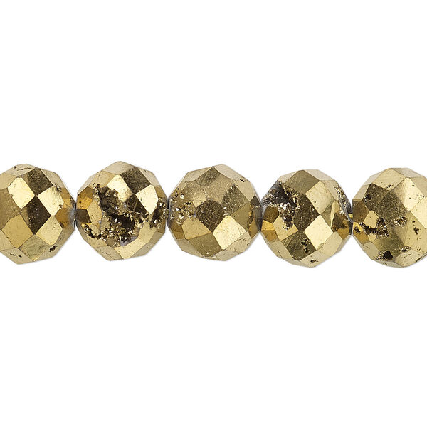 Bead, electroplated druzy agate (coated), gold, 10mm faceted round, B grade, Mohs hardness 6-1/2 to 7. Sold per 8-inch strand, approximately 20 beads. image number 0