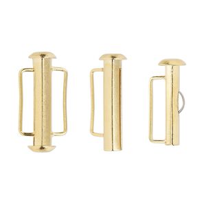 Clasp slide lock 1pkg4 gold-plated, 21x6mm round tube / fits 12.5x2mm cord, brass 1-strand