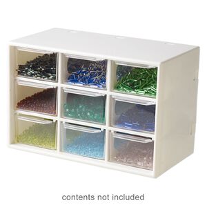 Organizer, plastic, white and clear, 7-1/8 x 4-5/8 x 3-7/8 inches with (9) removable drawers. Sold individually.