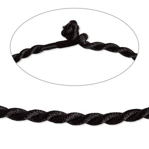 Necklace cord, satin-finished nylon, black, 5mm twisted round, 16 inches with knot closure. Sold per pkg of 2.