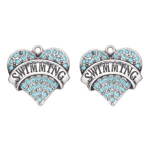 Charm, antique silver-finished "pewter" (zinc-based alloy) and glass, aqua blue, 24x22mm and single-sided heart with "swimming". Sold per pkg of 2.