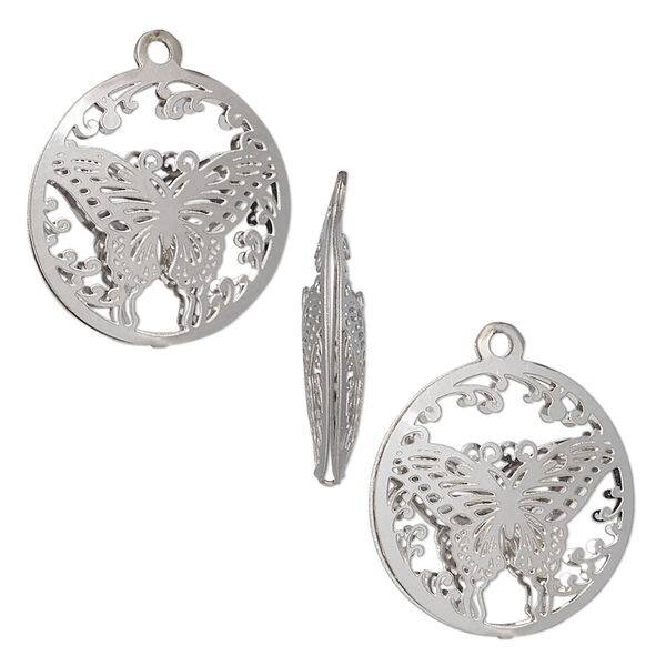 Drop, stainless steel, 18mm double-sided domed round with textured cut-out butterfly design. Sold per pkg of 6. image number 0