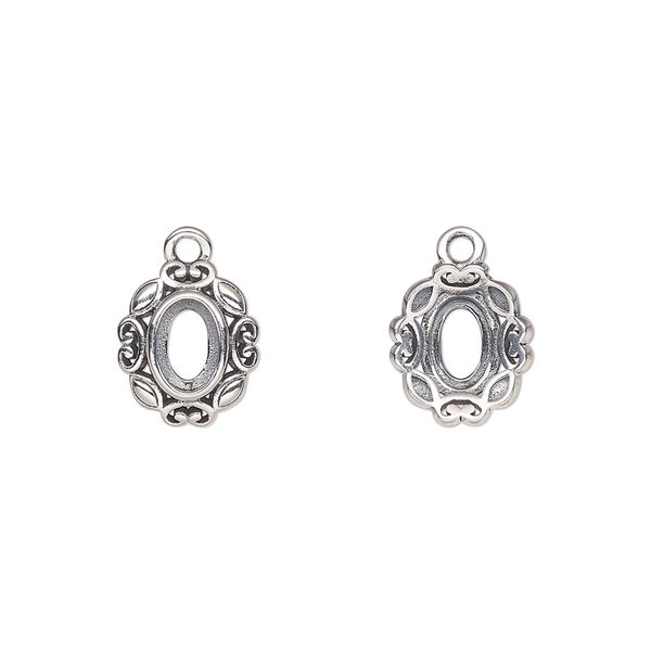 Drop, antiqued sterling silver, 11.5x9.5mm overall with 6x4mm oval setting and open back. Sold individually. image number 0