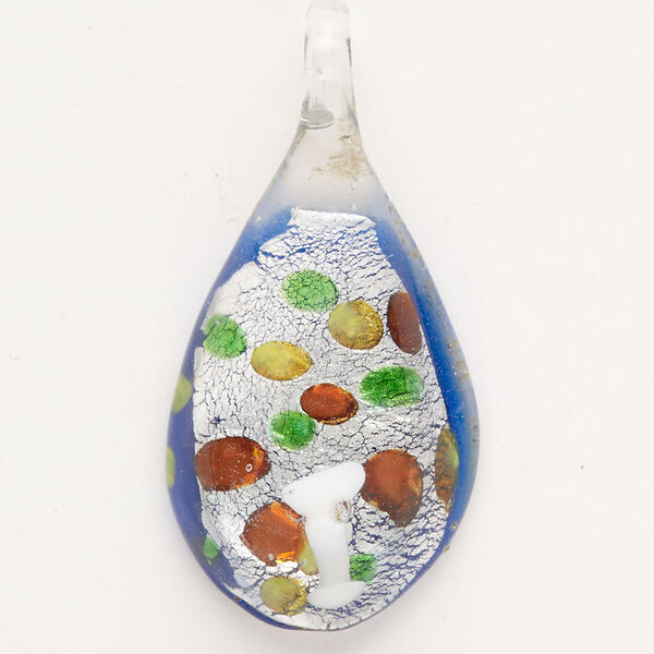 Focal, lampworked glass, opaque cobalt blue / white / clear with silver-colored foil, 44x24mm-45x25mm teardrop with dots. Sold individually. image number 0
