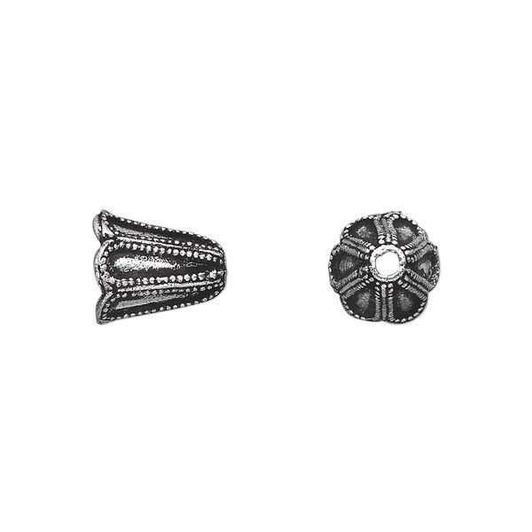 Cone, antique silver-plated brass, 11x9mm beaded flower, fits 8-10mm bead. Sold per pkg of 4. image number 0