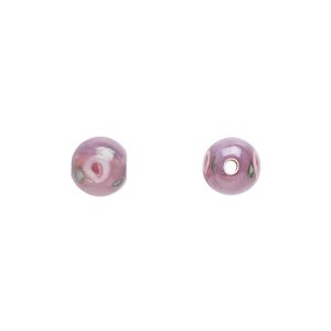 Bead, Czech lampworked glass, opaque purple / pink / green, 6-7mm round with flower design. Sold per pkg of 10.