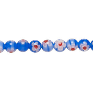 Bead, millefiori glass 1pkg1, translucent blue / white / red, 6mm round, 15 inches.