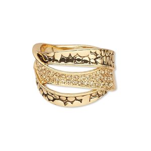 Ring, Czech glass rhinestone and antique gold-finished "pewter" (zinc-based alloy), light topaz, 19mm wide with textured 3-row design, size 9. Sold individually.