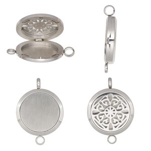 Pendant, stainless steel, 37x30mm single-sided hinged round locket with cutout fancy flower design and magnetic closure with loop. Sold individually.