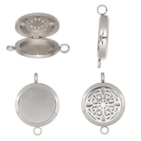 Pendant, stainless steel, 37x30mm single-sided hinged round locket with cutout fancy flower design and magnetic closure with loop. Sold individually. image number 0