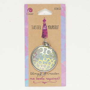 Focal 1pkg1, silver-finished brass, iridescent green, 33mm textured round with leopard print / hinged bail / bottom loop.