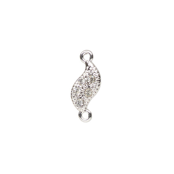 Link, silver-finished brass and crystal, clear, 13x8mm wave. Sold individually. image number 0