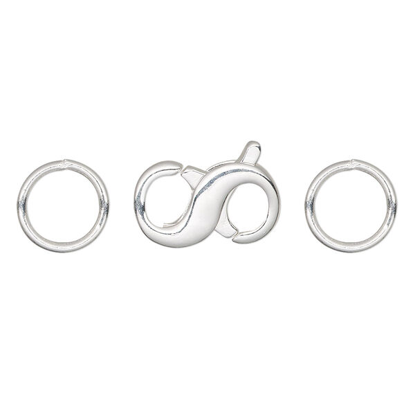 Clasp, lobster claw, silver-plated brass, 16x9mm double-ended infinity with (2) 10mm closed jump rings. Sold per pkg of 4. image number 0