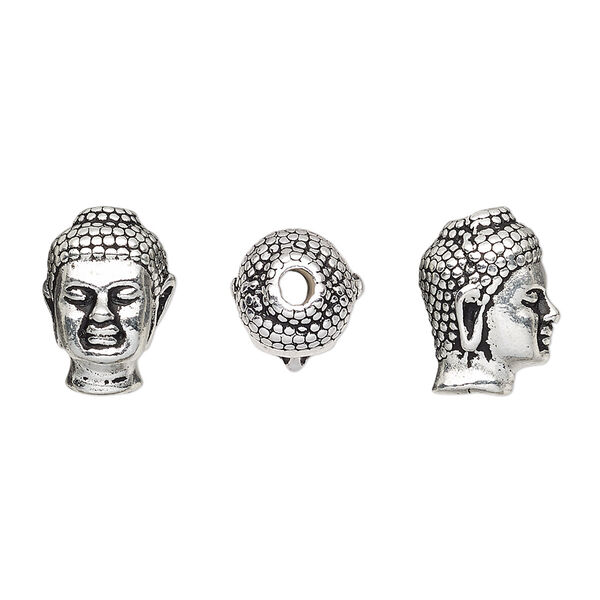 Bead, TierraCast®, antique silver-plated pewter (tin-based alloy), 13.5x9.5mm 3D Buddha head. Sold per pkg of 2. image number 0