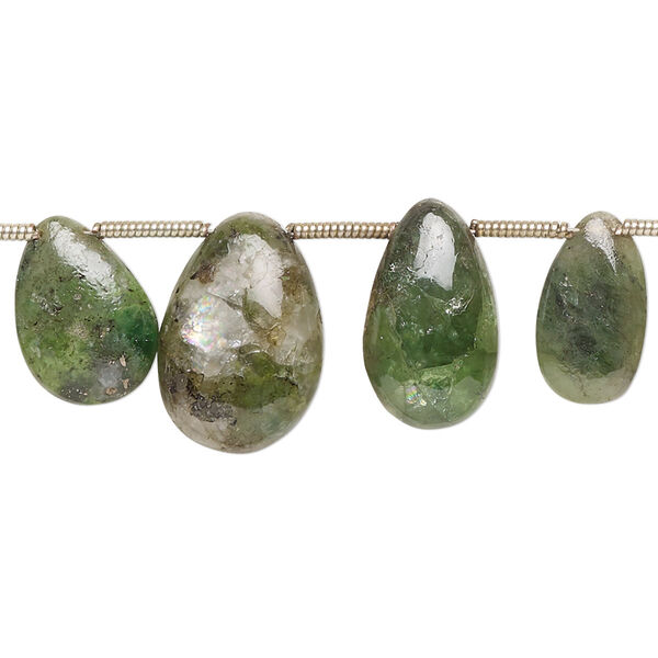 Bead, chrome diopside (natural), 9x7mm-16x11mm graduated hand-cut top-drilled puffed teardrop with 0.4-1.4mm hole, C- grade, Mohs hardness 5-1/2 to 6. Sold per pkg of 18. image number 0