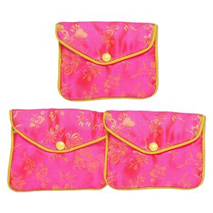 Pouch, rayon, hot pink / yellow / white, 3-1/2x4-1/2-inch brocade. Sold per pkg of 3.