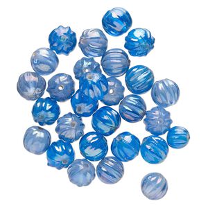 Bead mix, glass, translucent blue and aqua blue luster, 12mm corrugated round. Sold per 2-ounce pkg, approximately 25 beads.