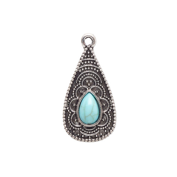 Drop, antique silver-finished "pewter" (zinc-based alloy) and "turquoise" (resin) (imitation), turquoise blue, 24x13.5mm single-sided teardrop. Sold per pkg of 4. image number 0