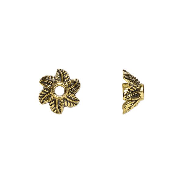 Bead cap, antiqued gold-finished "pewter" (zinc-based alloy), 11x6mm leaf, fits 8-9mm beads. Sold per pkg of 20. image number 0