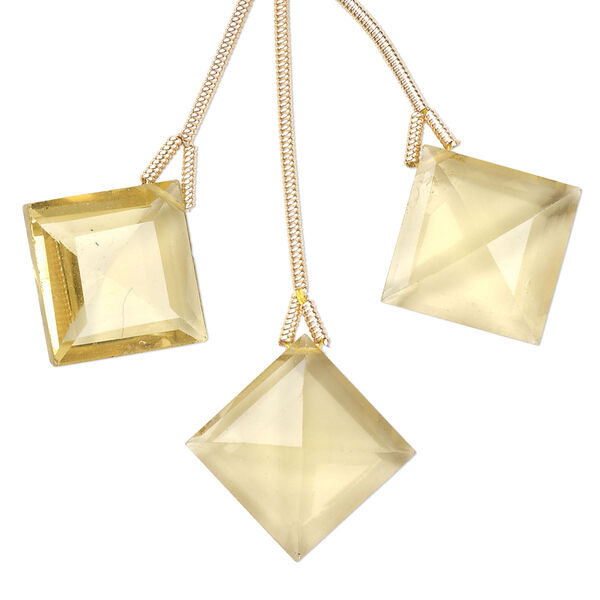 Bead, golden quartz (heated), light to dark, 18x18mm hand-cut top-drilled faceted diamond, B+ grade, Mohs hardness 7. Sold per pkg of 3 beads. image number 0