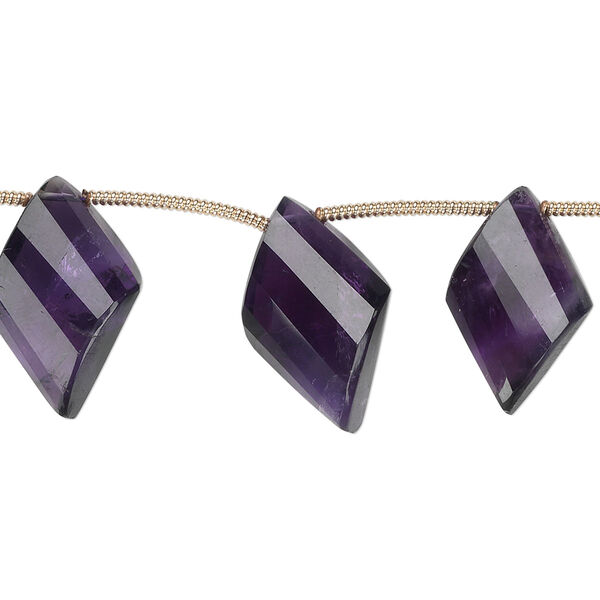 Bead, amethyst (natural), dark, 15x10mm-18x12mm graduated hand-cut top-drilled faceted twisted diamond, B+ grade, Mohs hardness 7. Sold per pkg of 5 beads. image number 0