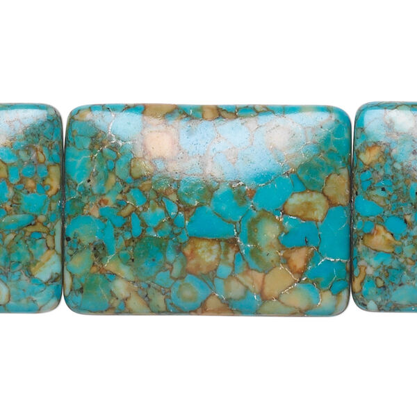 Bead, mosaic "turquoise" (magnesite) (dyed / assembled), blue, 30x22mm rectangle, B grade, Mohs hardness 3-1/2 to 4. Sold per pkg of 6. image number 0