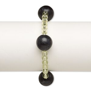 Bracelet, stretch, blackstone (dyed) and acrylic, light green, 5mm and 15-16mm round, 6 inches. Sold individually.
