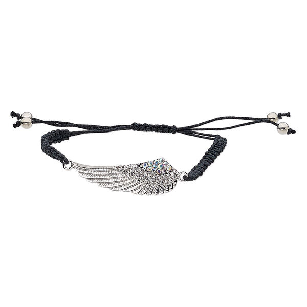 Bracelet, nylon / glass rhinestone / silver-finished "pewter" (zinc-based alloy), clear AB / black / clear, 17mm wide with 49x17mm wing, adjustable from 6 to 9-1/2 inches with macramé knot closure. Sold individually. image number 0